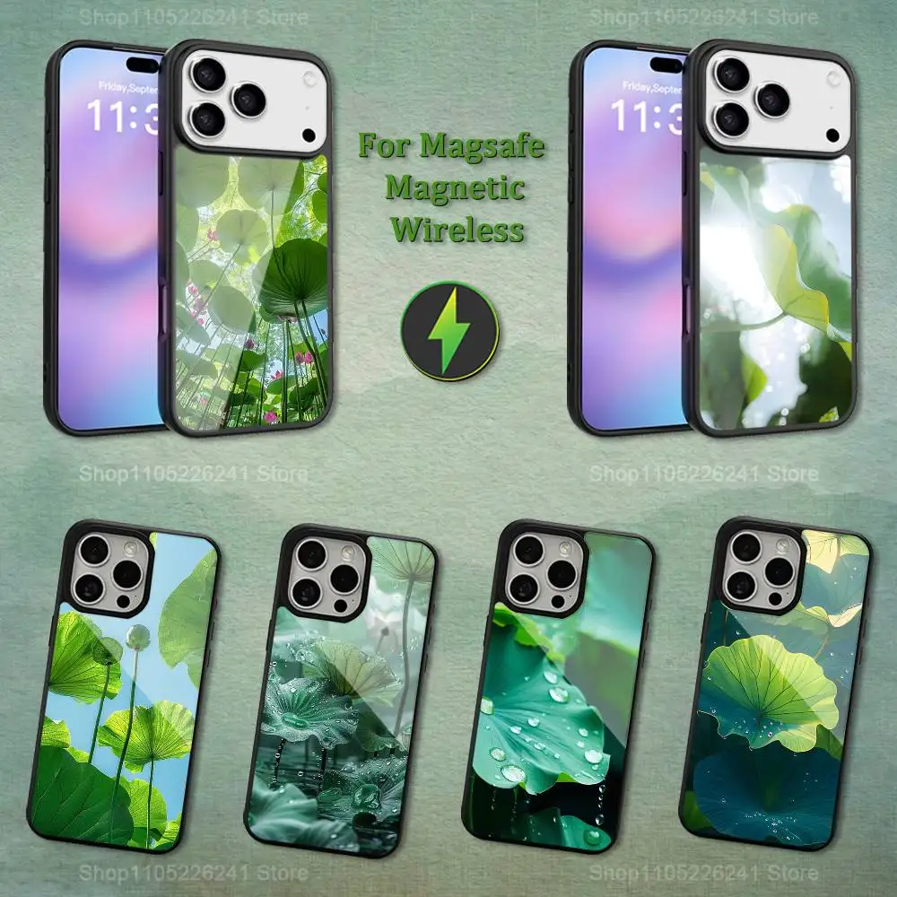 

Nature Green Lotus leaf Phone Case For iPhone 13,12,11,16,15,17,14,Pro,Max,Plus,Mini, For Magsafe,Magnetic Wireless Charging
