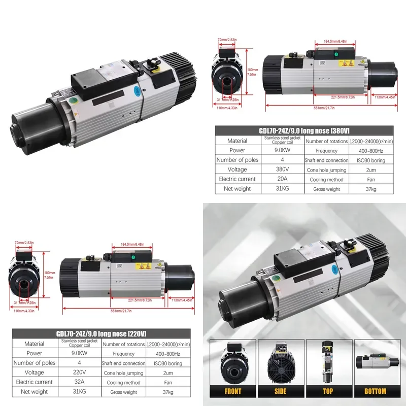 for HLTNC HQD GDL70 9KW ATC Spindle ISO30 24000RPM Air Cooled Automatic Tool Changer Motor for CNC Milling Machine 220V 380V