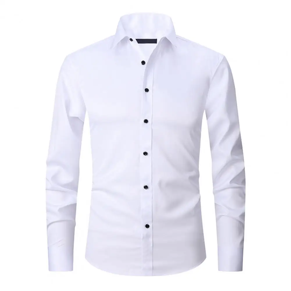 Plus Size 7XL 6XL High Elasticity Seamless Spandex Shirt Men Long Sleeve Slim Fit Casual Solid Color Social Formal Dress Shirts