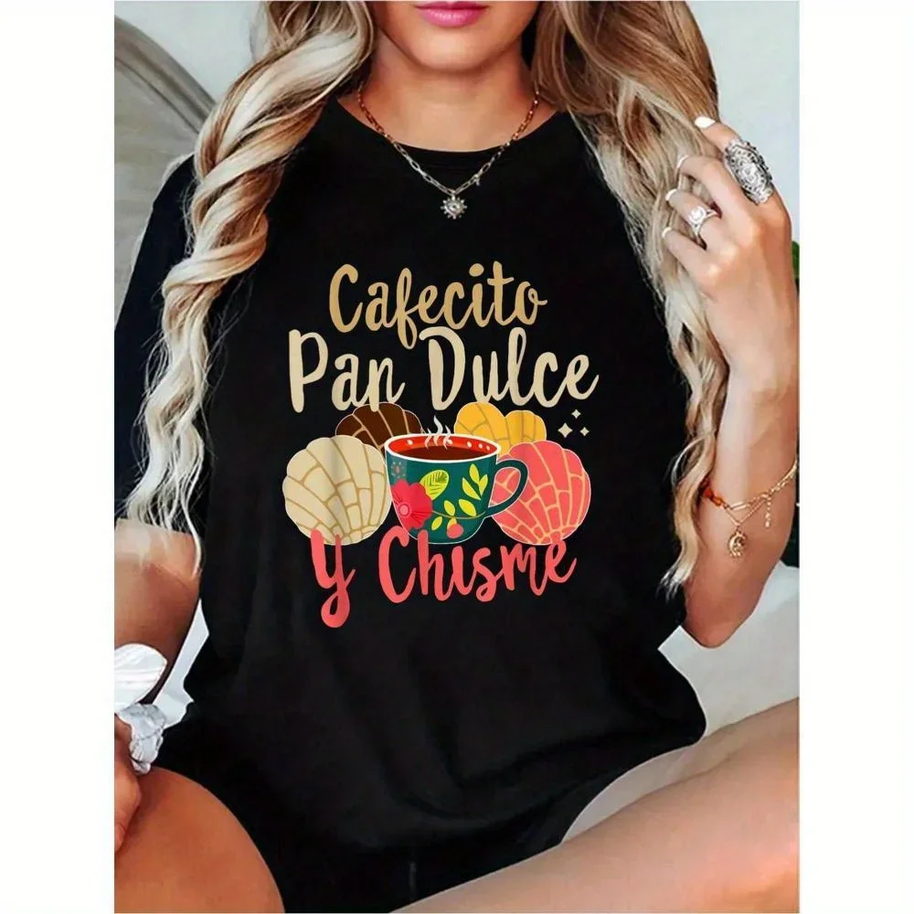 قهوة كونشا المكسيكية الإسبانية Cafecito Pan Dulce Y Chisme مطبوعة T-Sht Wom كم علوي، تي شيرت جرافيك عصري ومريح
