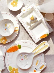 Embossed Ceramic Tableware Set Cute Rabbit Design European-style Hand-painted Net Red Plate and Storage Tank Creative Dishes
