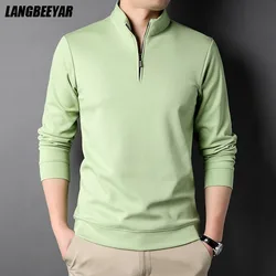 Polo de manga comprida com zíper masculino, tops lisos, roupa casual, monocromática, moda coreana, grau superior, marca de luxo, nova, 2023