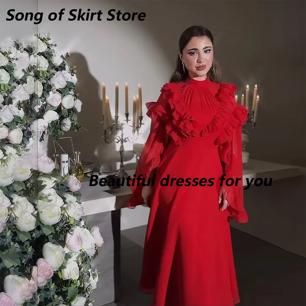 

Long Sleeves High Neck Evening Dress Customized Pleat Chiffon A Line Saudi Arabian Wedding Party Dress Ankle Length Evening Gown