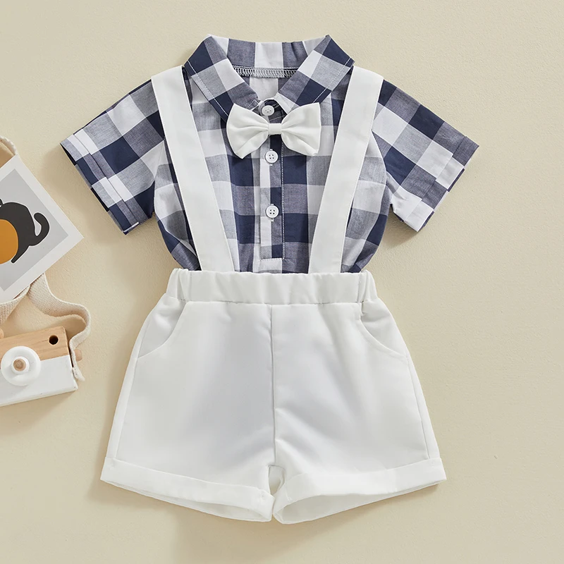 

0-24M Infant Baby Boy Summer Outfits Short Sleeve Button Down 3D Bowtie Plaid Tops + Adjustable Suspender Shorts Sets