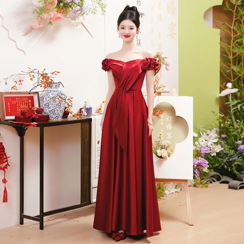 

Red Wedding Dr One oulder Slimming Evening Gown Fing Princ Toasting Costume New 2024 Ele Faion High Waist A-...