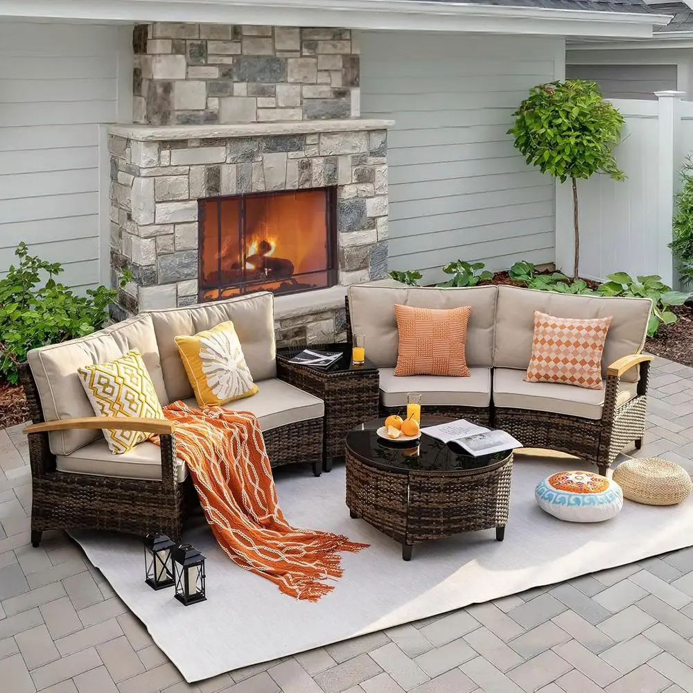 

6-Piece Outdoor Patio Furniture Set, Half-Moon Curved Sectional with Wooden Armrests, Patio Conversation Set, Tempered Glass Cof