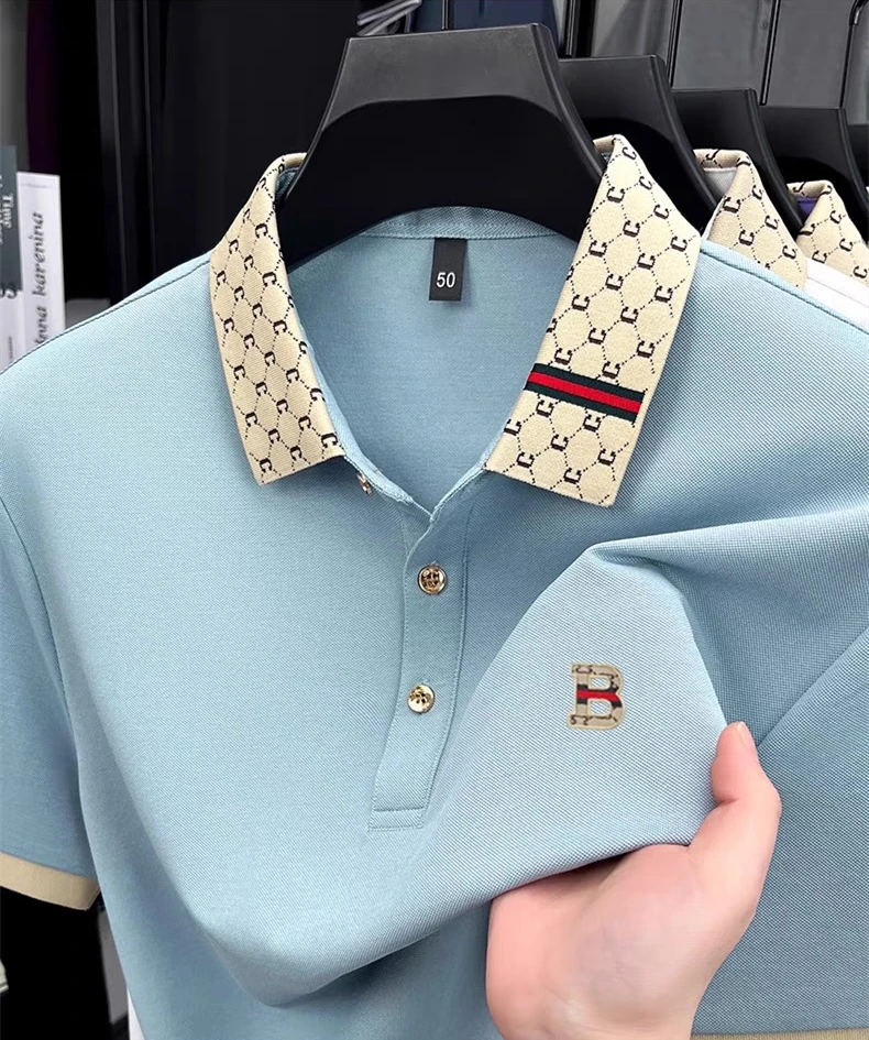 Luxe merk B letter reliëf poloshirt met korte mouwen heren zomer lichtgewicht ademend nieuwe mode kleur geblokkeerd revers T-shirt