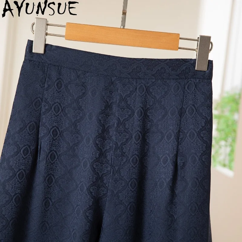 AYUNSUE 100% Silk Women's Pants Casual Straight-leg Pants for Woman Stylish Elastic Waist Pants Woman Clothes High Quality Штаны