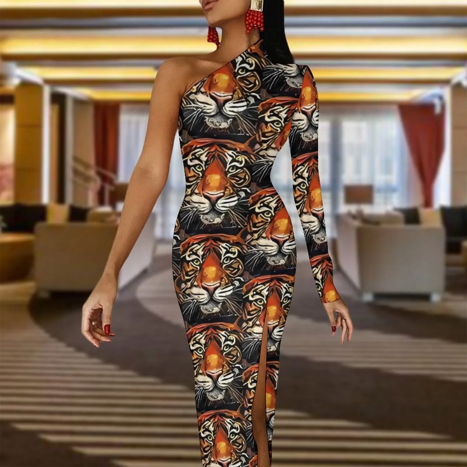 Abstract Tiger Art Print Maxi Dress Long Sleeve  Aesthetic Bodycon Dresses Autumn Cute Dress Ladies Graphic Clothing