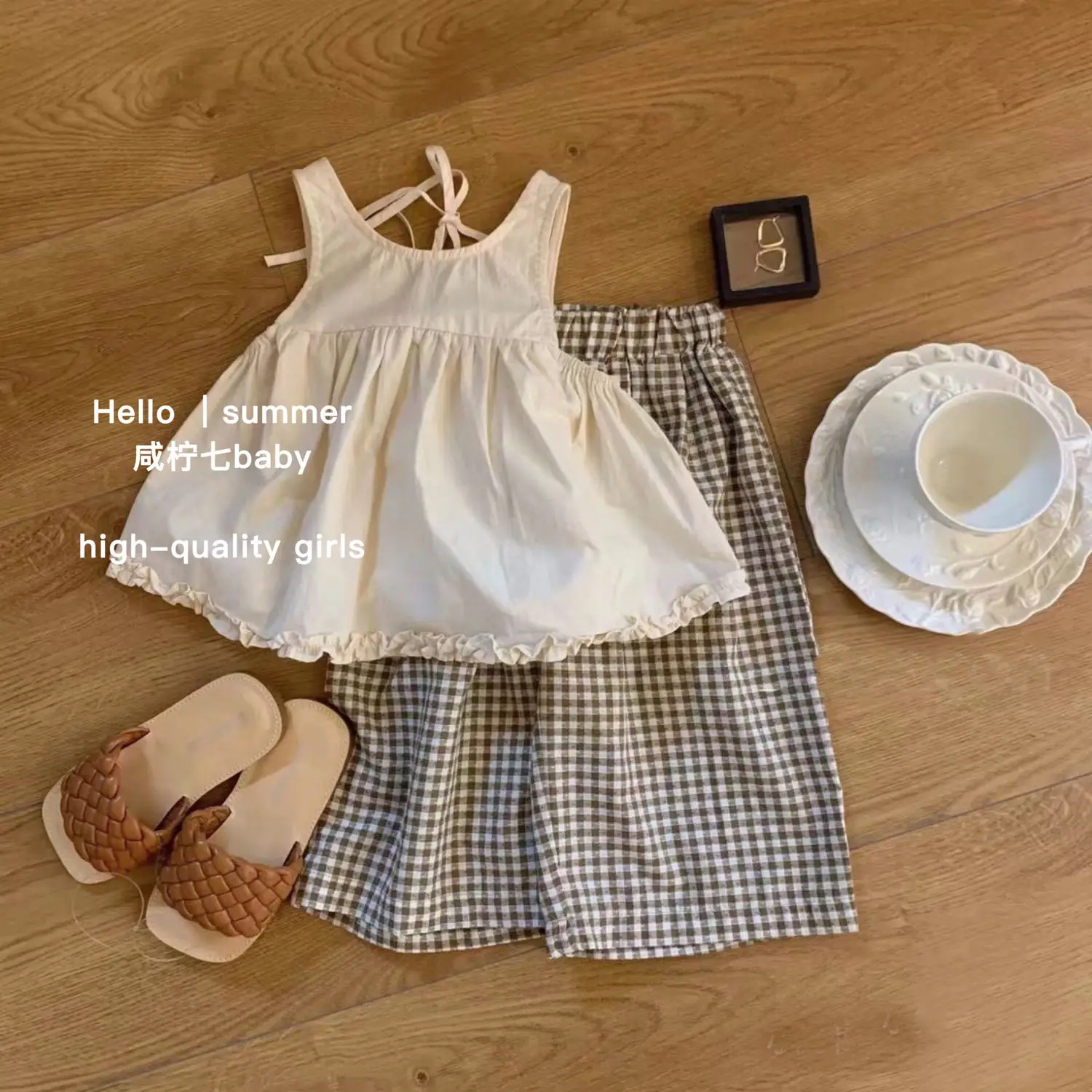 Girls Summer Vest Lace Babydoll Shirt Sleeveless Top + Wide-leg Trousers Two-piece Set for Outer Wear Loungewear Outfit