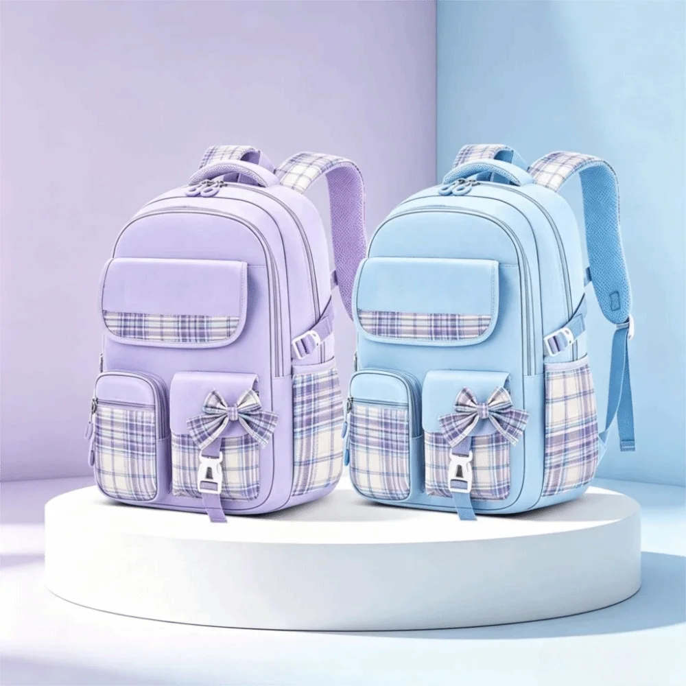 Spine Protection Large Capacity School Backpack Checkered Bow Backpack Lightweight Breathable Girls Backpack Bookbag