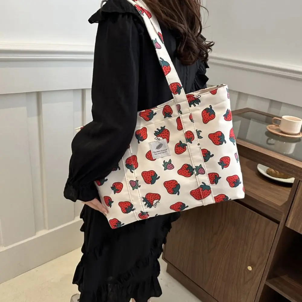 Cute Strawberry Cherry Tote Bag Korean Style Aesthetic Large Capacity Shopping Bag Underarm Bag Printing Nylon Handbag Outdoor