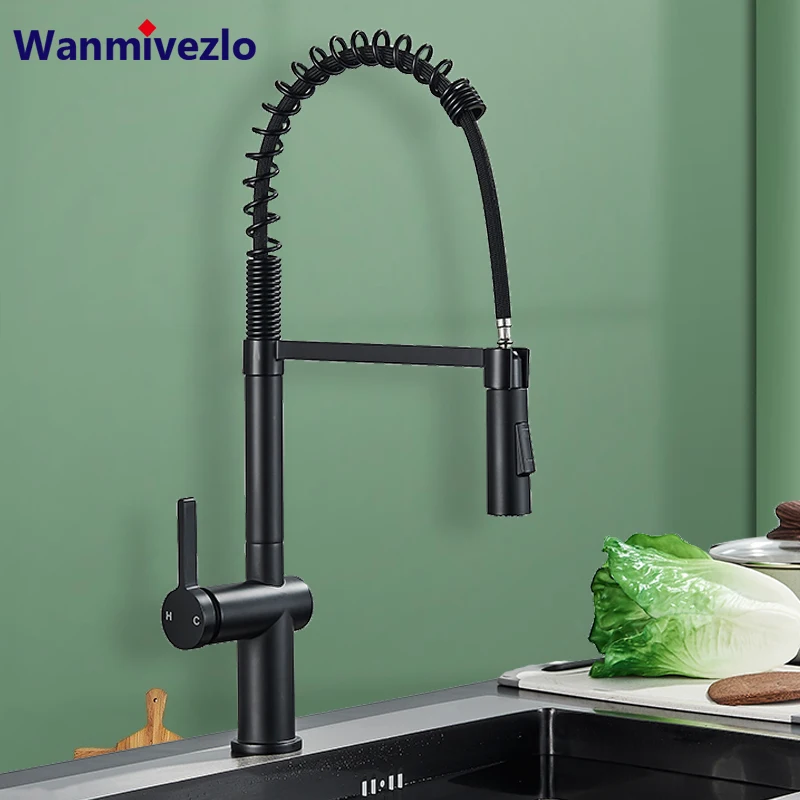 Black Spring Pull Down Kitchen Faucets Stream Spray Head Hot Cold Water Tap Brass Rotation Kitchen Mixer Tap Crane