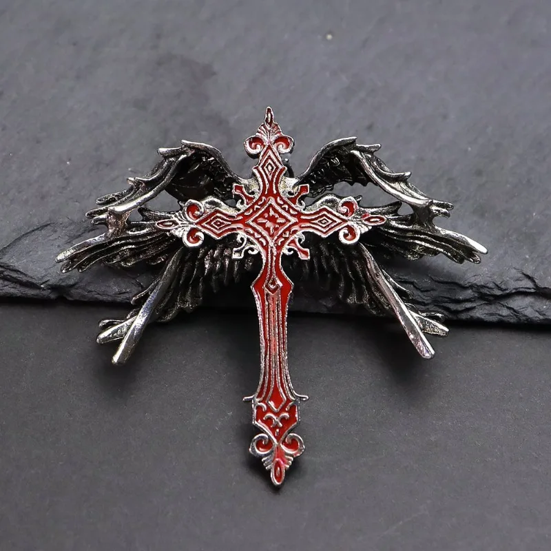 Gothic Punk Enamel Six‑Winged Angel Cross Pendant Necklace Retro Alloy Charm Neck Chain Trendy Street  Jewelry for Men Women