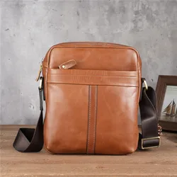Vintage Oil Wax Crossbody Bags for Men 2024 Retro Brown Leather Shoulder Message Bag Luxury Designer Genuine Leather Handbag
