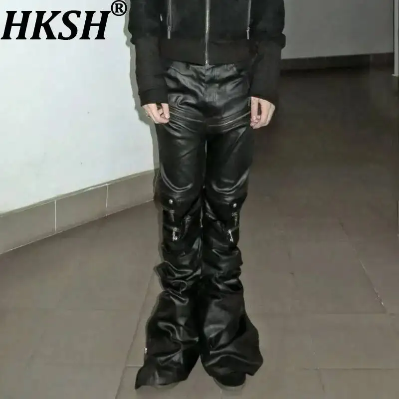 HKSH Spring Autumn Winter New Men's Tide Dark Patchwork Waxed Deconstructed Zipper Studded Micro-flared Adjustable Jeans HK26396
