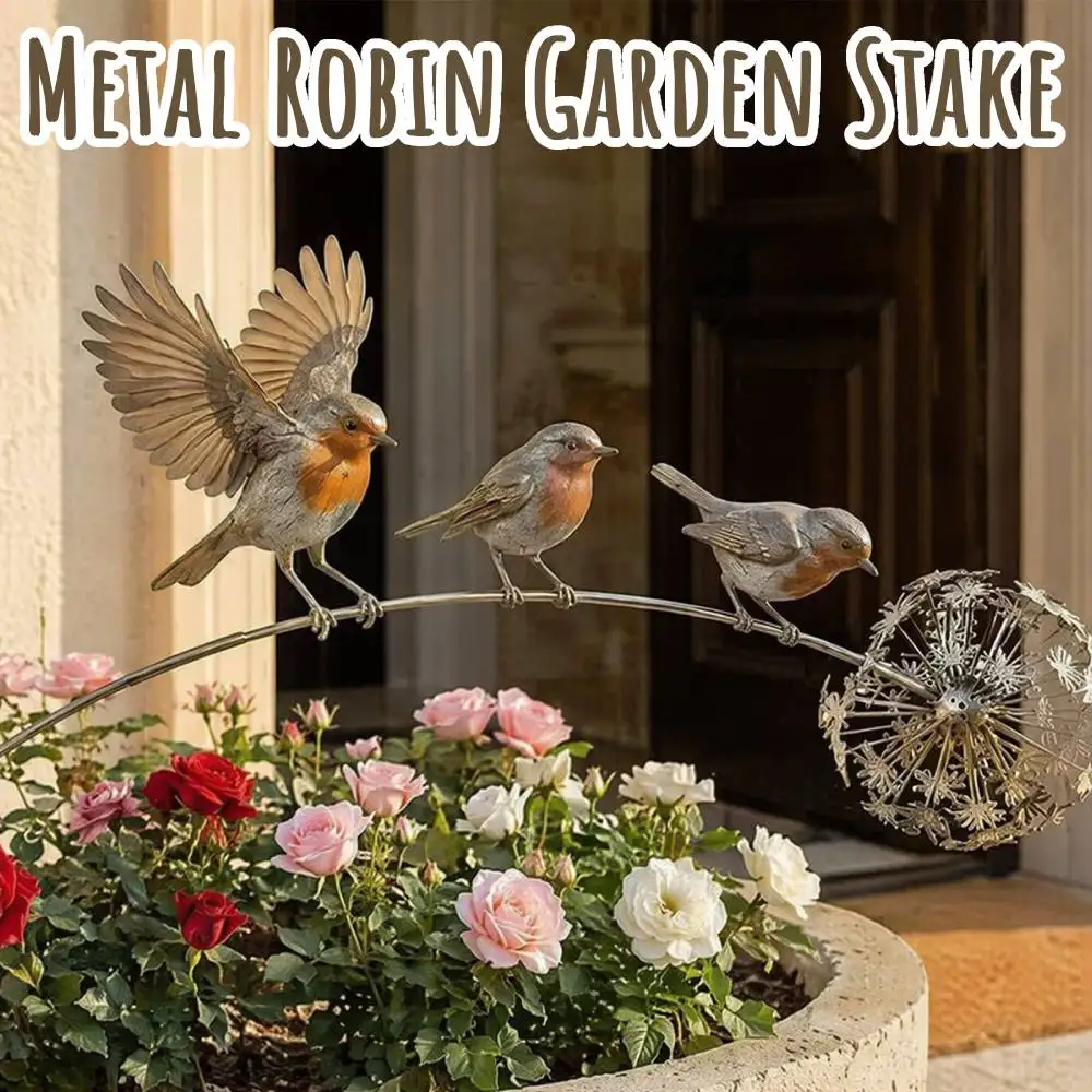 3 Robins Garden Stake Metal Robin Garden Sculpture Charming Rustic Outdoor Yard Art Decorations Metal Bird Figurines for Outside