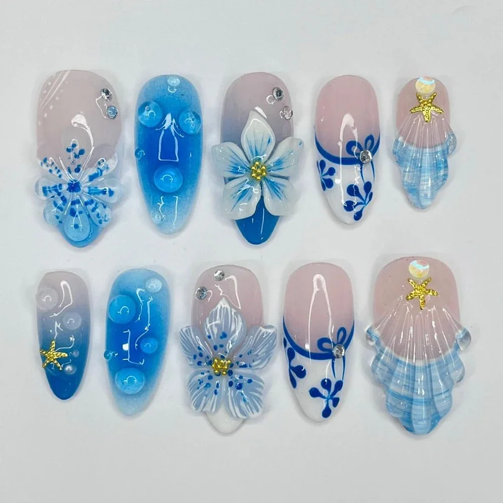 3D Blue Gradation Ocean Short Almond Press On Nails Art Party Sticker Lily Flowers Shell Gel Handwork Reuse Fake Nails Girl Gift