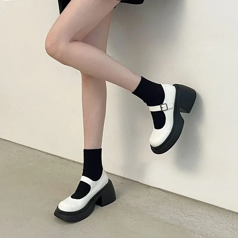 Platform Mary Jane Shoes 2024 New Women\'s Shoes Women Thick Heels Trendy Street Lolita Shoes Round Toe Ankle Strap  Pumps