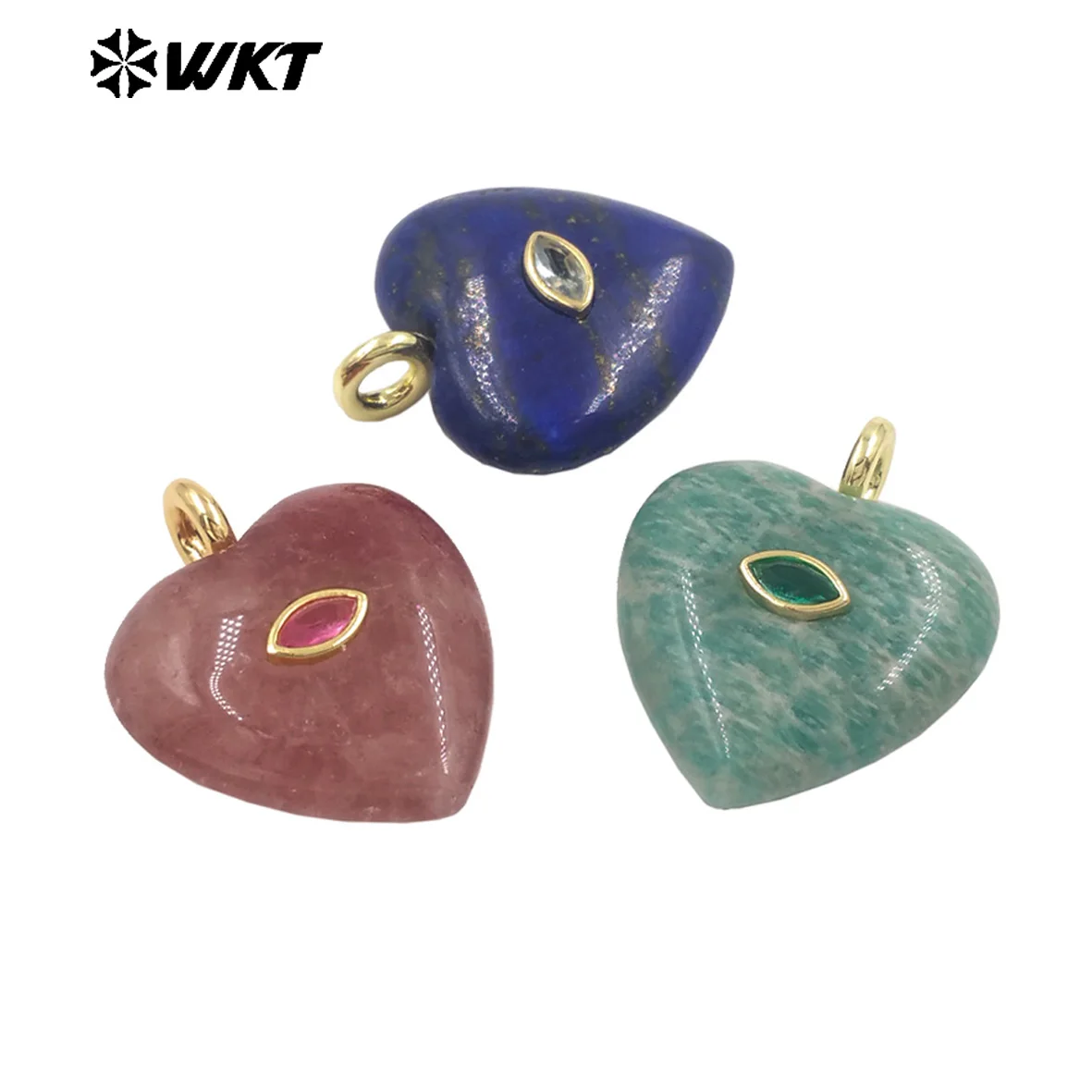 WT-P2042 Romantic Heartshape Natural Colored Gemstone&Zircon Paved Labradorite Lapics Stone Pendant For Semi-Finished Findings
