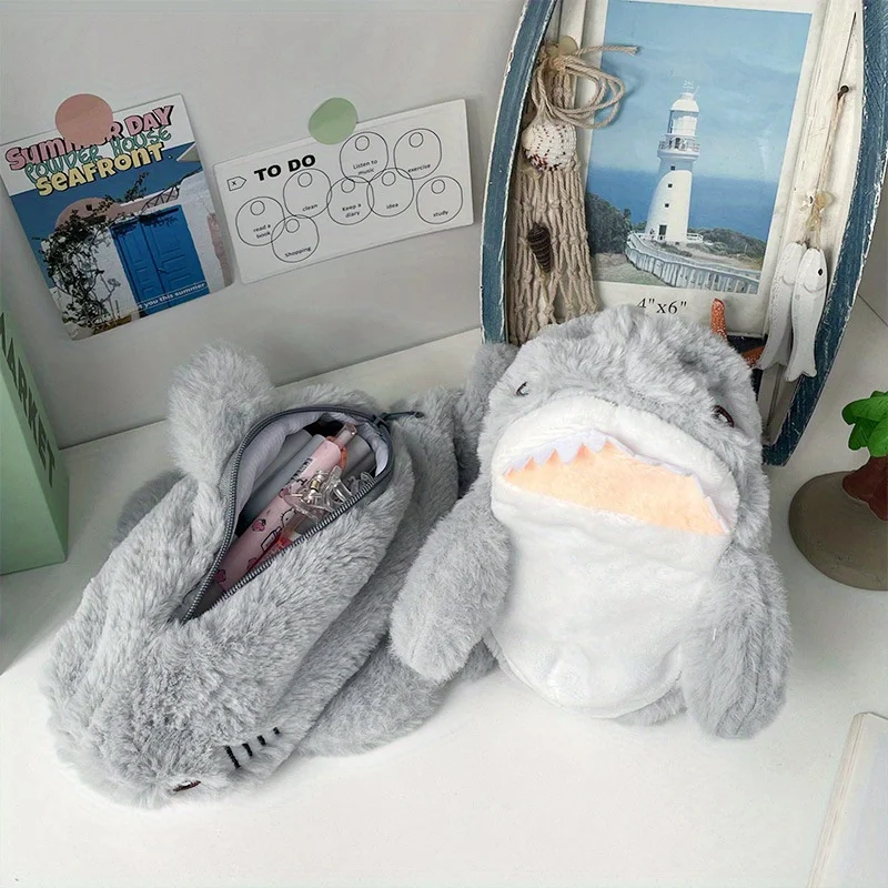 Plush Cartoon Shark Pencil Case with Zipper. Stationery Storage Bag. Suitable for School and Office Use