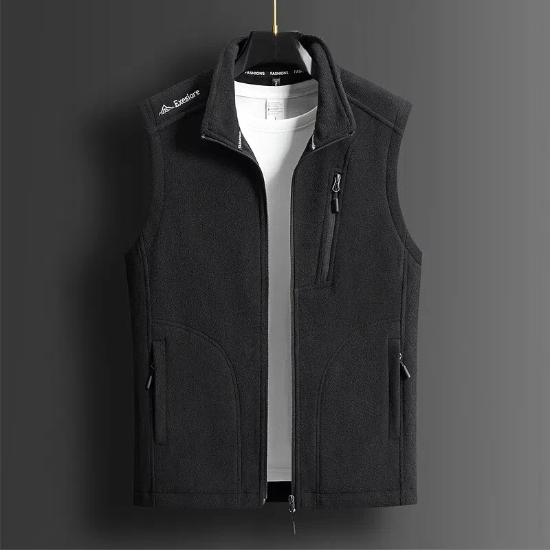 Men\'s Clothing Trendy Spring Autumn High-neck Zipper Cardigan Sleeveless Solid Color Pockets Casual Coats Preppy Style Tops