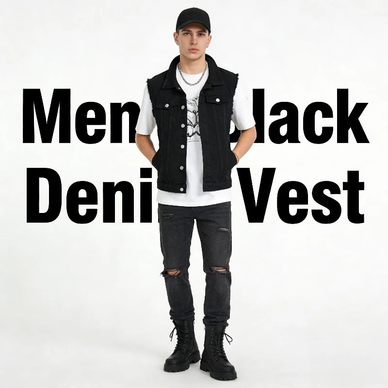 

2026 New Men's Black Denim Vest Slim-Fit 3-Season Layer for Streetwear & Casual Style