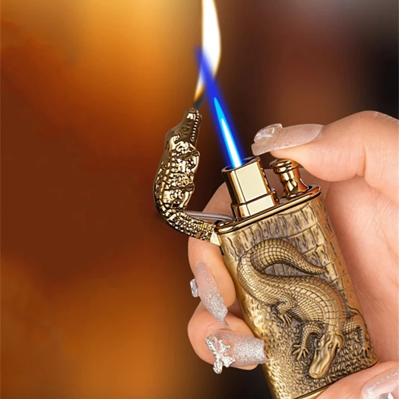 

New Metal Double Fire Crocodile Head Lighter Creative Relief Direct Spray Conversion Open Fire Inflatable Butane Lighter Gift