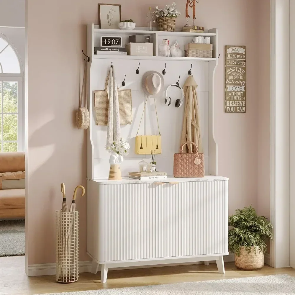

77" White Entryway Hall Tree, 4-in-1 Wood Coat Rack with 9 Hanging Hooks & Storage Bench, Shoe and Coat Rack, 18 Shoe Cubbies