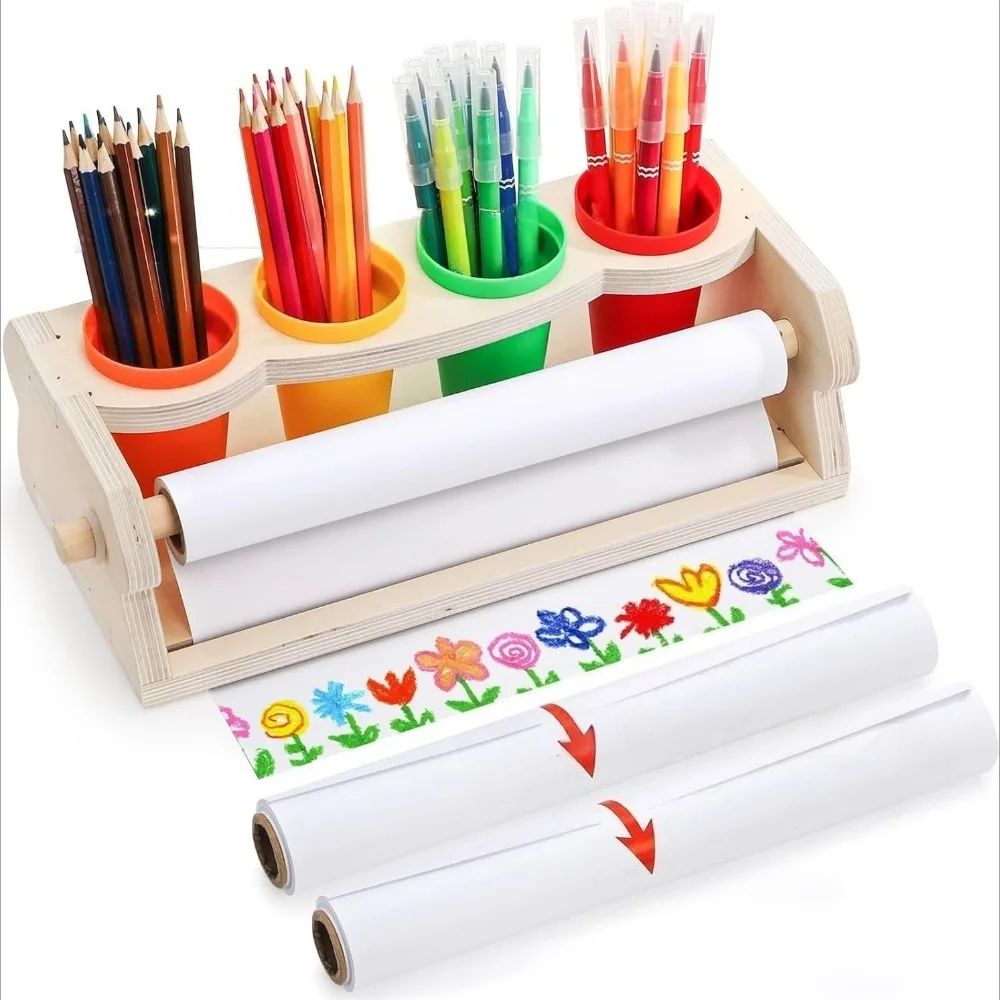 Wood Tabletop Paper Roll Dispenser 4 Pencil Cups Draw Paper Roll Holder with 2 Rolls White Bond Paper Desktop Easel for Drawing