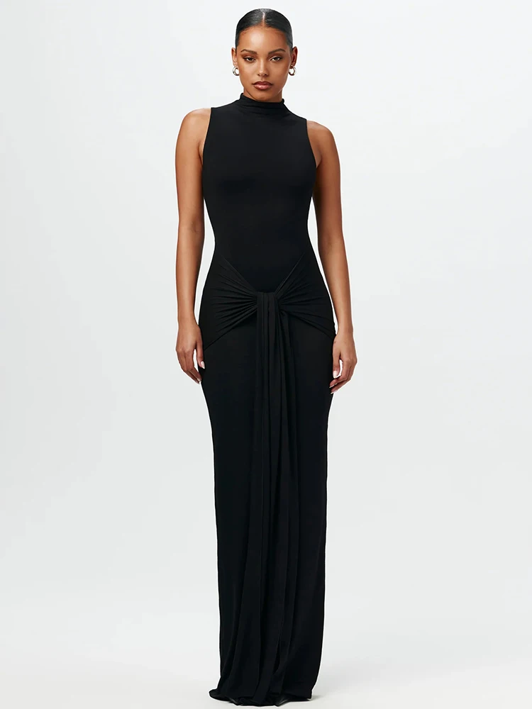 Sibybo Fashion Elegance Sleeveless Ribbon Long Dress Basics Solid Color Skinny Robe 2024 Temperament Women Club Party Dress image 2