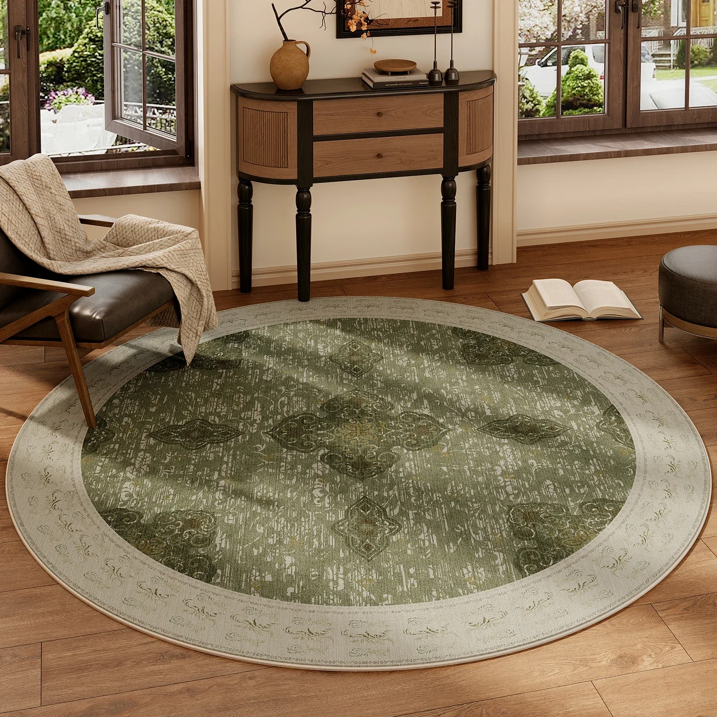French-Inspired Floral Round Rug – Washable Non-Slip Home Decor for Bedroom, Living Room & Study