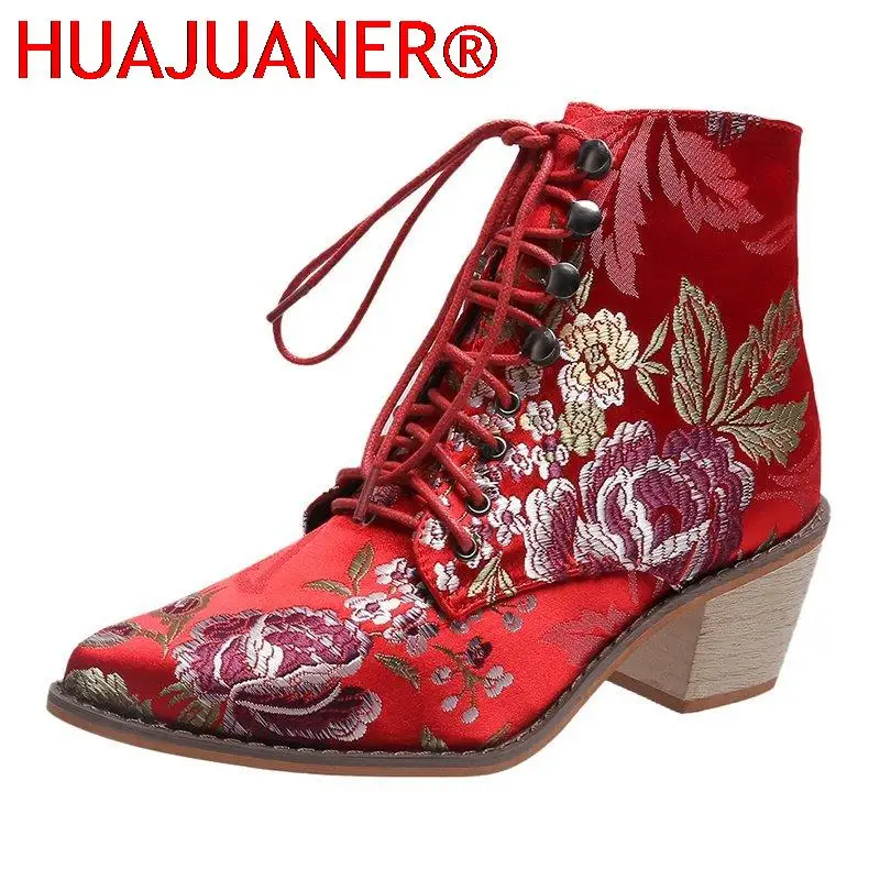 2025 New Women Luxury Silk Boots  Ankle Boots New Autumn Winter Embroider Womens Motorcycle Boots Lace Up Shoes Woman