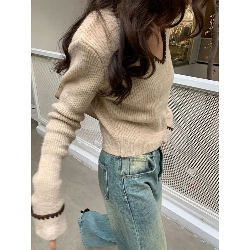 French Elegant Contrast Color V Neck Knitted Sweater Women Autumn Winter Slim Fit Retro Base Layer