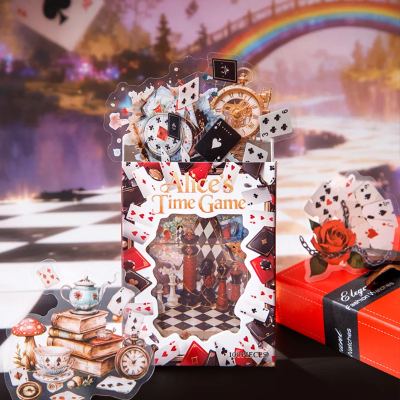 السيد ورقة الكرتون الوقت لعبة الدعامة ملصقات 100 ورقة/حزمة لطيف أليس لعبة كوب ساعة تنبيه PET ملصق القرطاسية ديكور المنزل #5