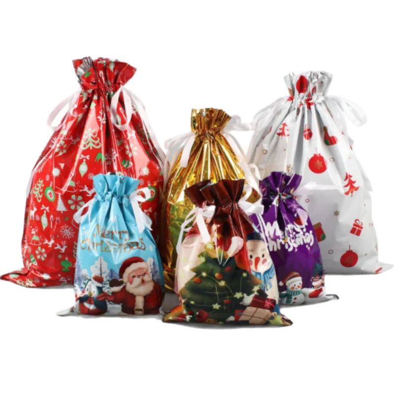 

10/50PCS Plastic Christmas Gift Drawstring Packaging Bag DIY Xmas Child Present Socks Party Snack Sugar Cute Toys Gifts Pouches