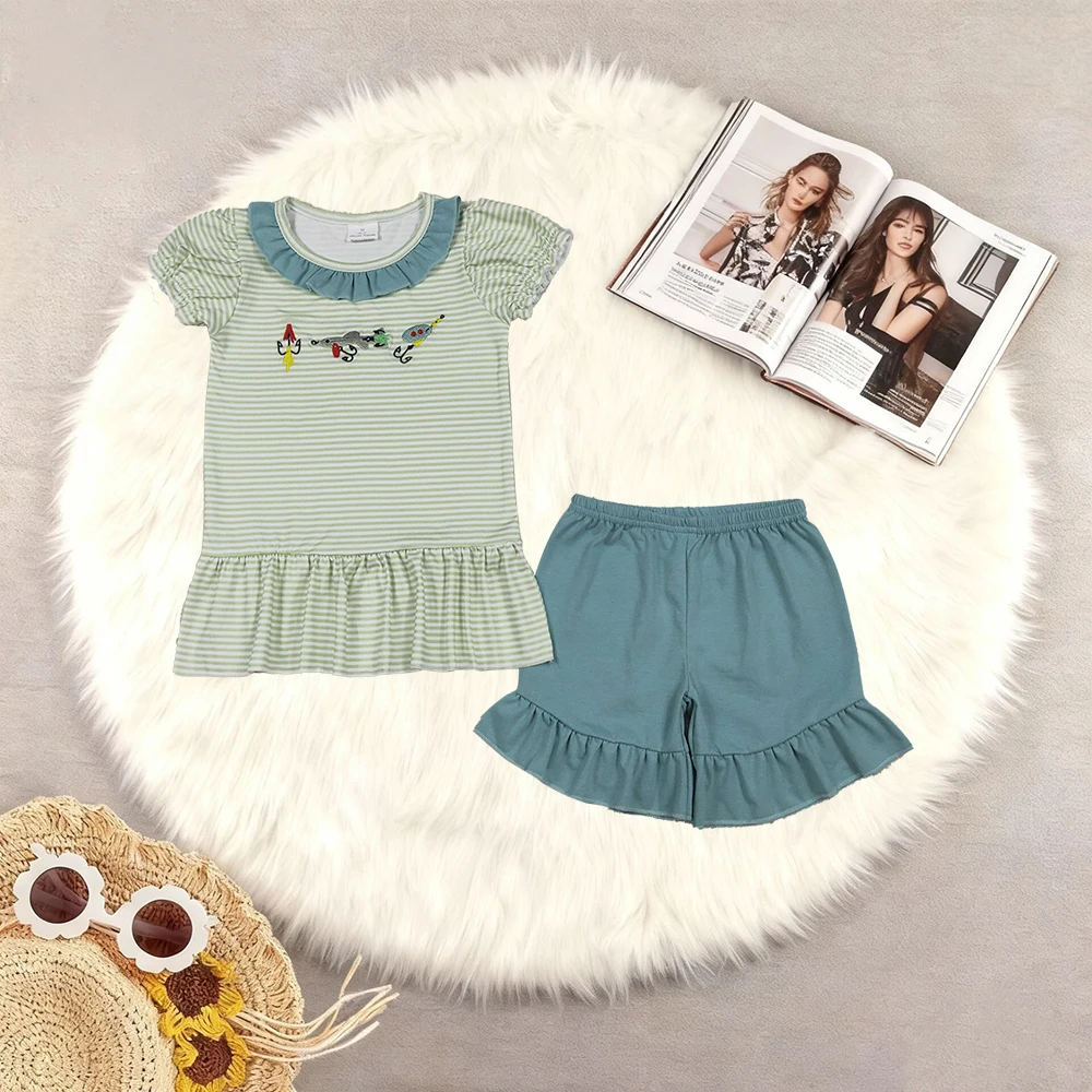 

12.23 Baby Girls Summer Clothes Embroidery Fishing Baby Girls Stripe Collar Tunic Ruffle Shorts Hunting Clothes Sets