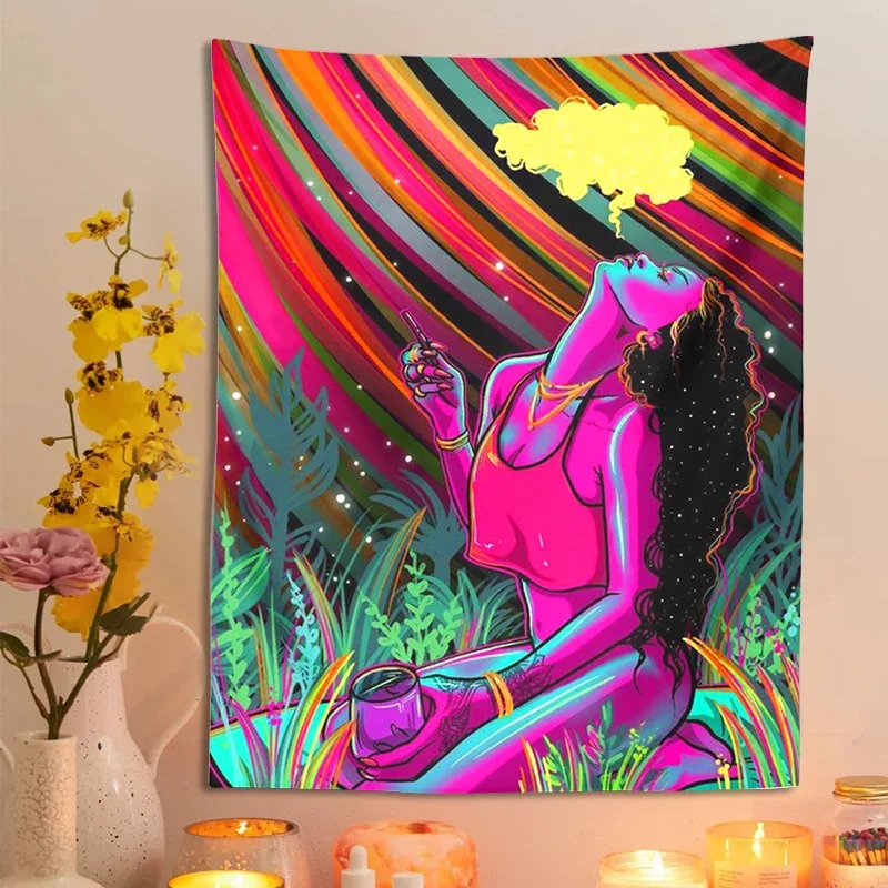 Trippy Tapestry Hippie Cool Girl Tapestry Wall Hanging Purple Art Anime Aesthetic Tapestry Bedroom Dorm Living Room Home Decor