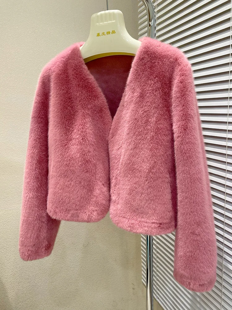 

Women's Autumn Winter Faux Mink Hair Elegant Long Sleeve Short Coat Lady Streetwear Solid Color Fluffy Faux Fur Loose Outwear
