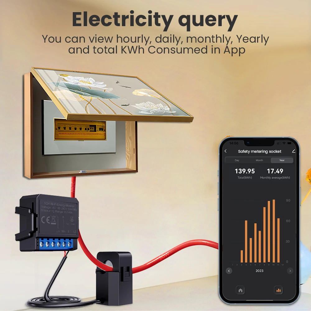 MIUCDA Tuya Smart Wifi Energy Meter 1 Channel with Current Transformer Clamp App Monitor Power 80A 110V/240V 50/60Hz