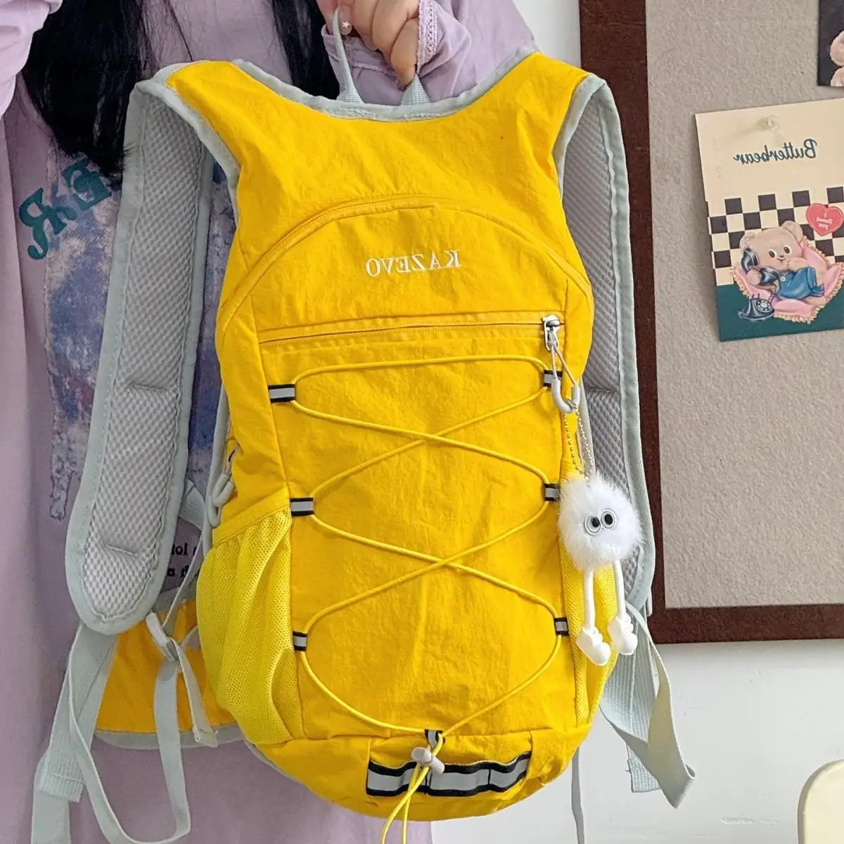 Nylon Hiking Backpack, Yellow Outdoor Daypack with Bungee Cord & Reflective Strip, Casual Travel Bag for Men Women
