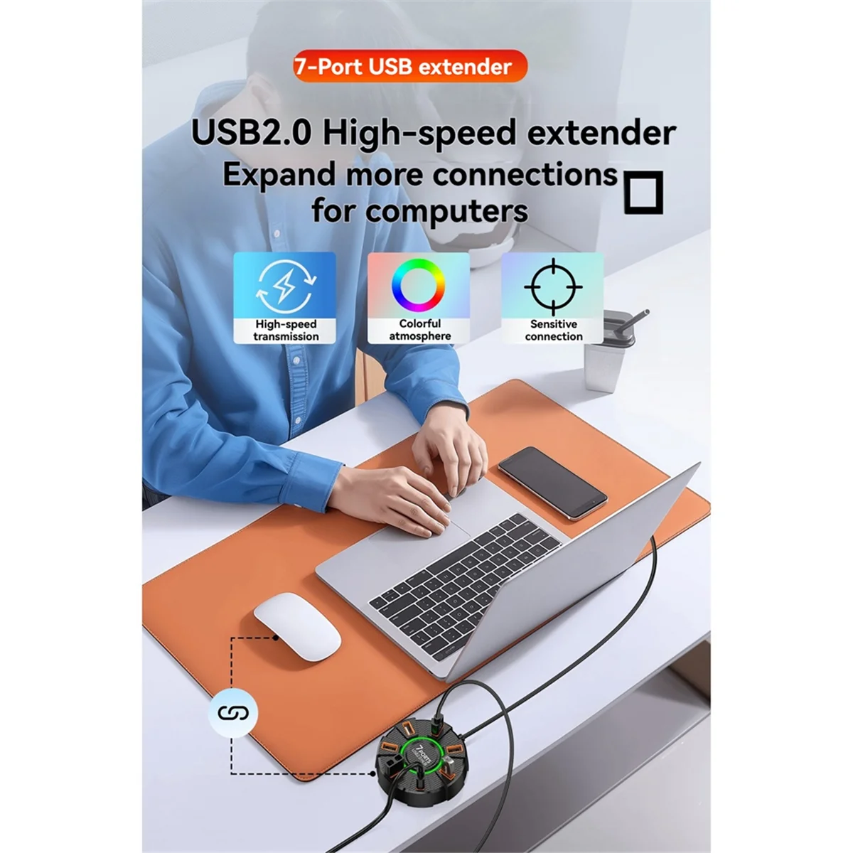 N18R USB 2.0 Hub متعدد الفاصل محول 5Gbps عالية السرعة USB الفاصل محول الطاقة المتوسع المتعدد للكمبيوتر المحمول، 7 منافذ
