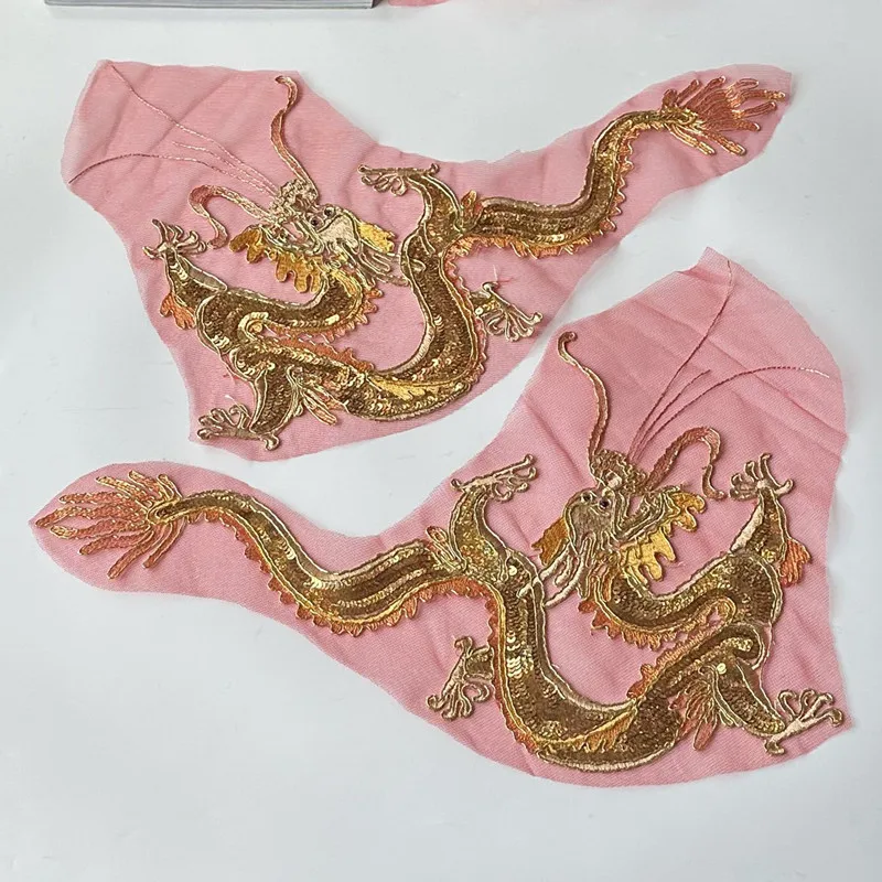 Chinese Style Have 1Pair Gold Seqin Dragon Peacock Embroidery Patches Sewing For Clothing Red Mesh Fabrics Lace Patch Decor DIY