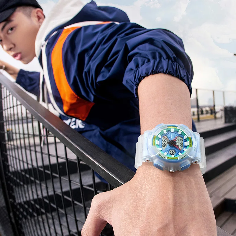 ساعة Timeartx 4370 LED الرقمية الإلكترونية المقاومة للماء، ساعة رياضية رجالية عصرية للأعمال، حزام مطاطي شفاف