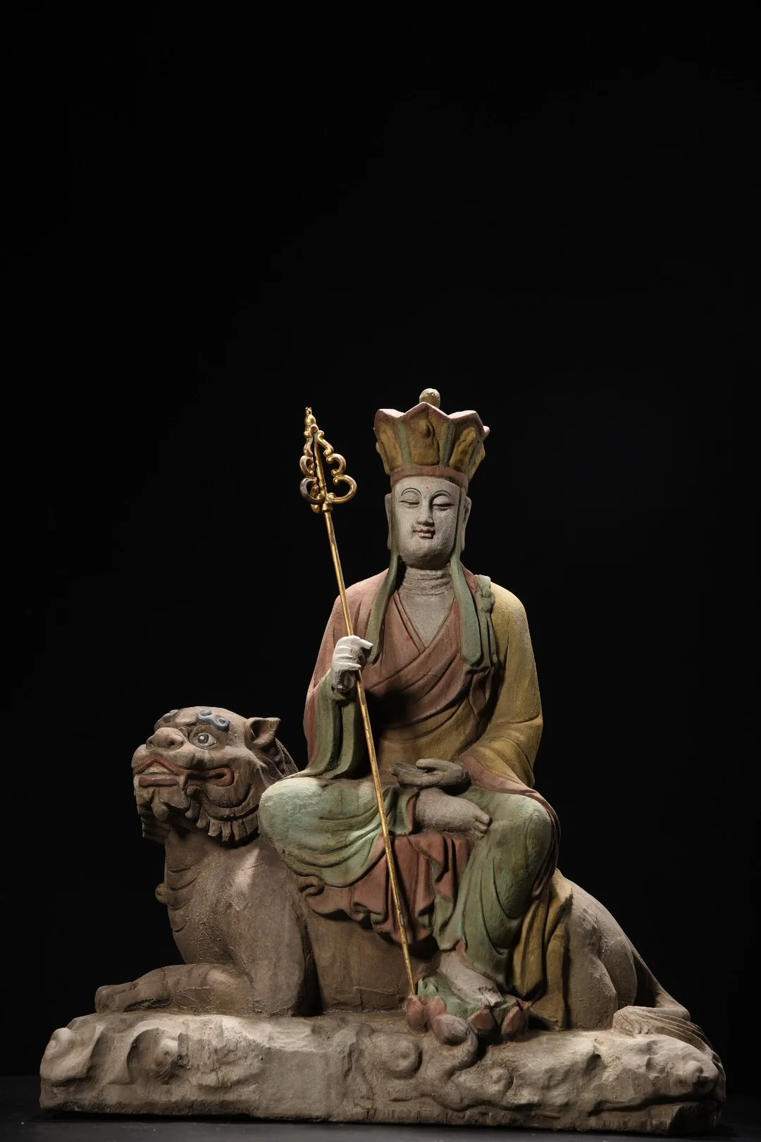 

21"Tibetan Temple Collection Old Wood Carving High Relief Painted Ksitigarbha odhisattva Mount Buddha Amitabha Worship Hall
