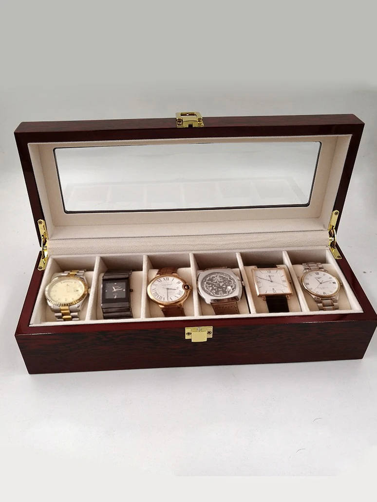 High-End Wooden Watch Storage Box Display Case 6 Compartments Home Use Jewelry Organizer Rectangular Shape Vintage Style