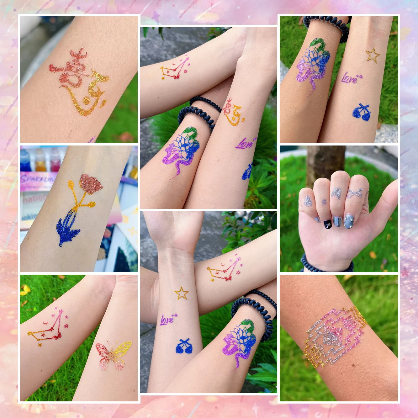 DIY Glitter Tattoo Kit 10 Color Body Art 6 Stencils Adult Temporary Tattoo Sticker for Women Rave Clubbing Festival Party