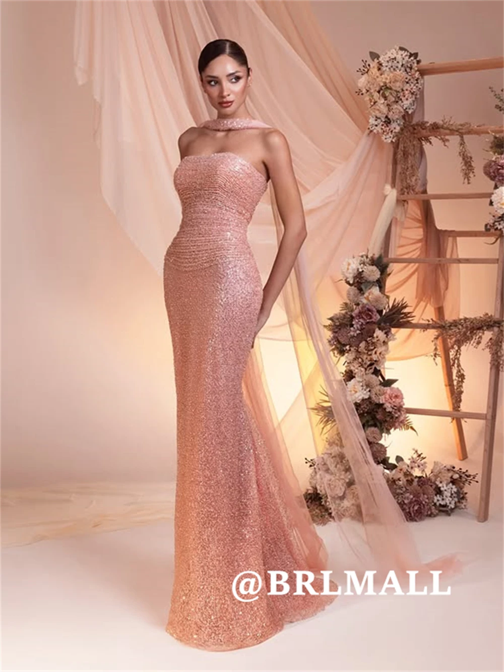 

BRLMALL Sequins Long Sheath Evening Dress Sleeveless Prom Dresses Court Train Slim Fitting Party Gown Cocktail Dresses