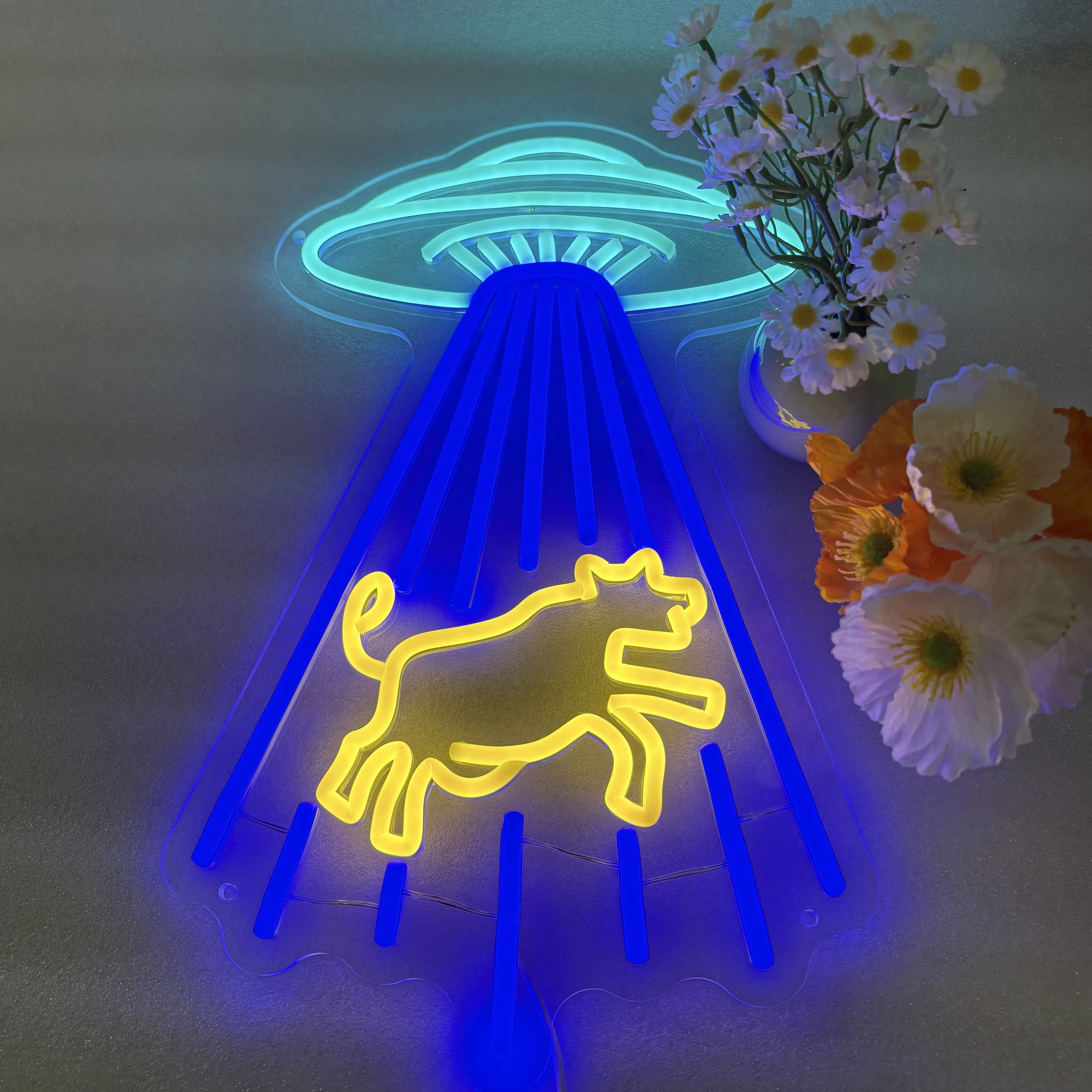 UFO Neon Sign Animal Cow Wall Decor Creative Cool Space for Kids Nursery Game Room Neon Birthday Gift Flying Saucer Bedroom Sign