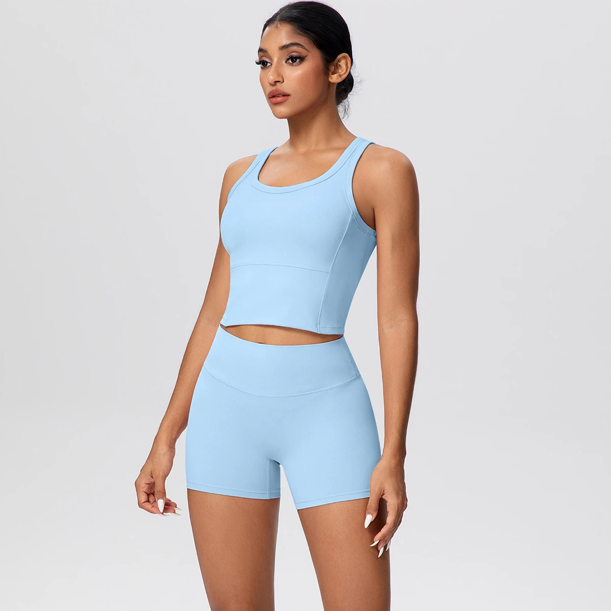 Women Sports Yoga Set Breathable Workout Top Naked Feel Yoga Vest High Waist Quick-Dry Fitness Running Shorts Gym Yoga Suit view 3